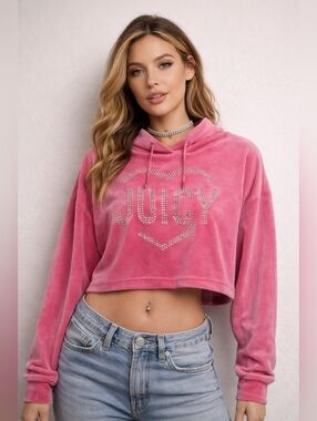 Juicy Couture Pink Velour Cropped Hoodie Rhinestone Logo Heart Small